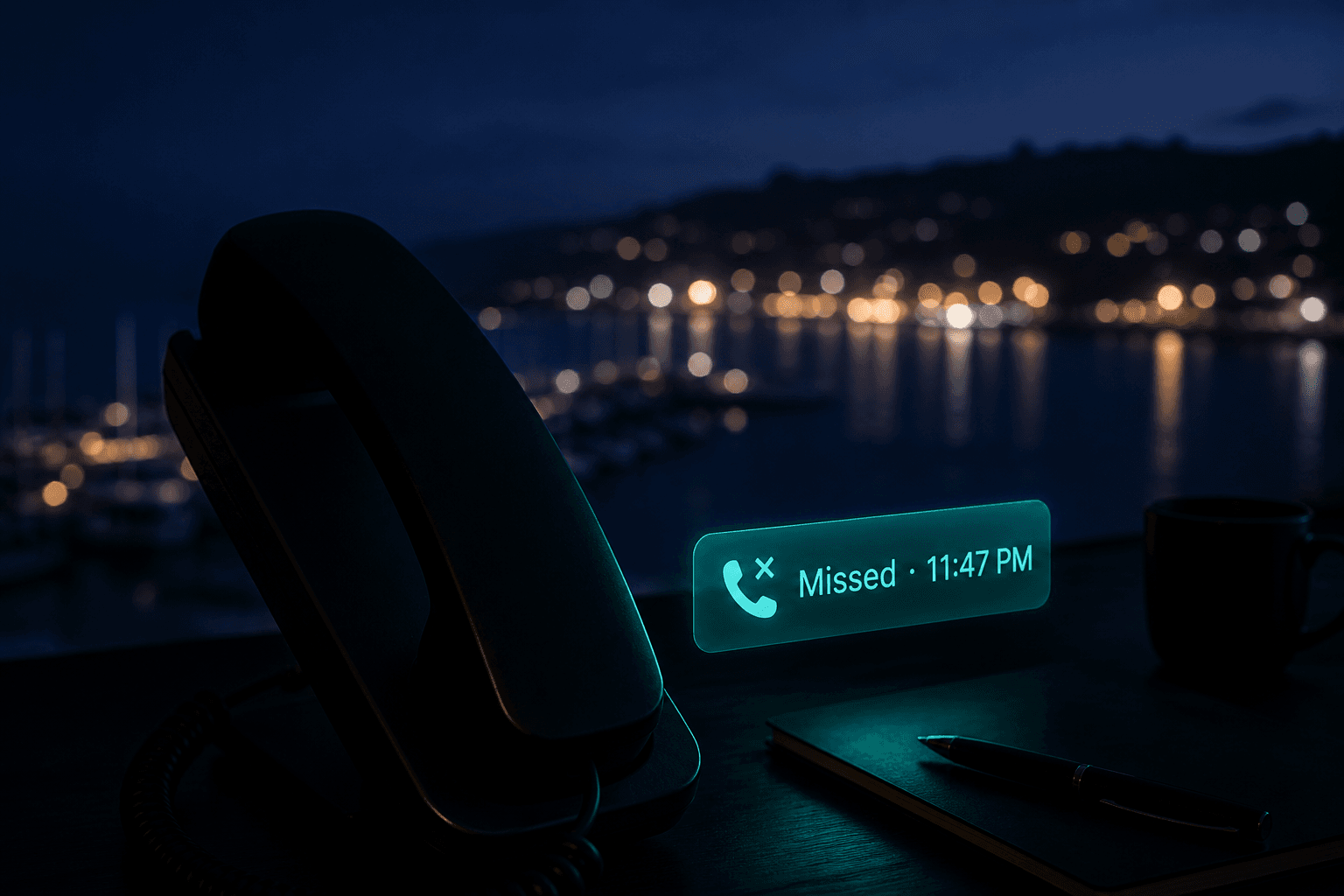 After-hours missed call notification against a South Coast night atmosphere