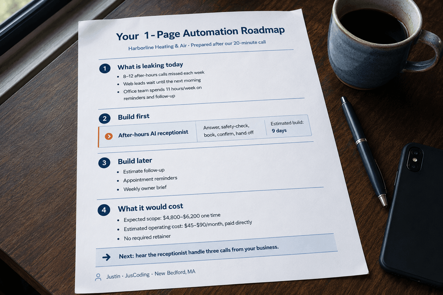 Printed one-page automation roadmap on a desk beside coffee, a pen, and a phone.
