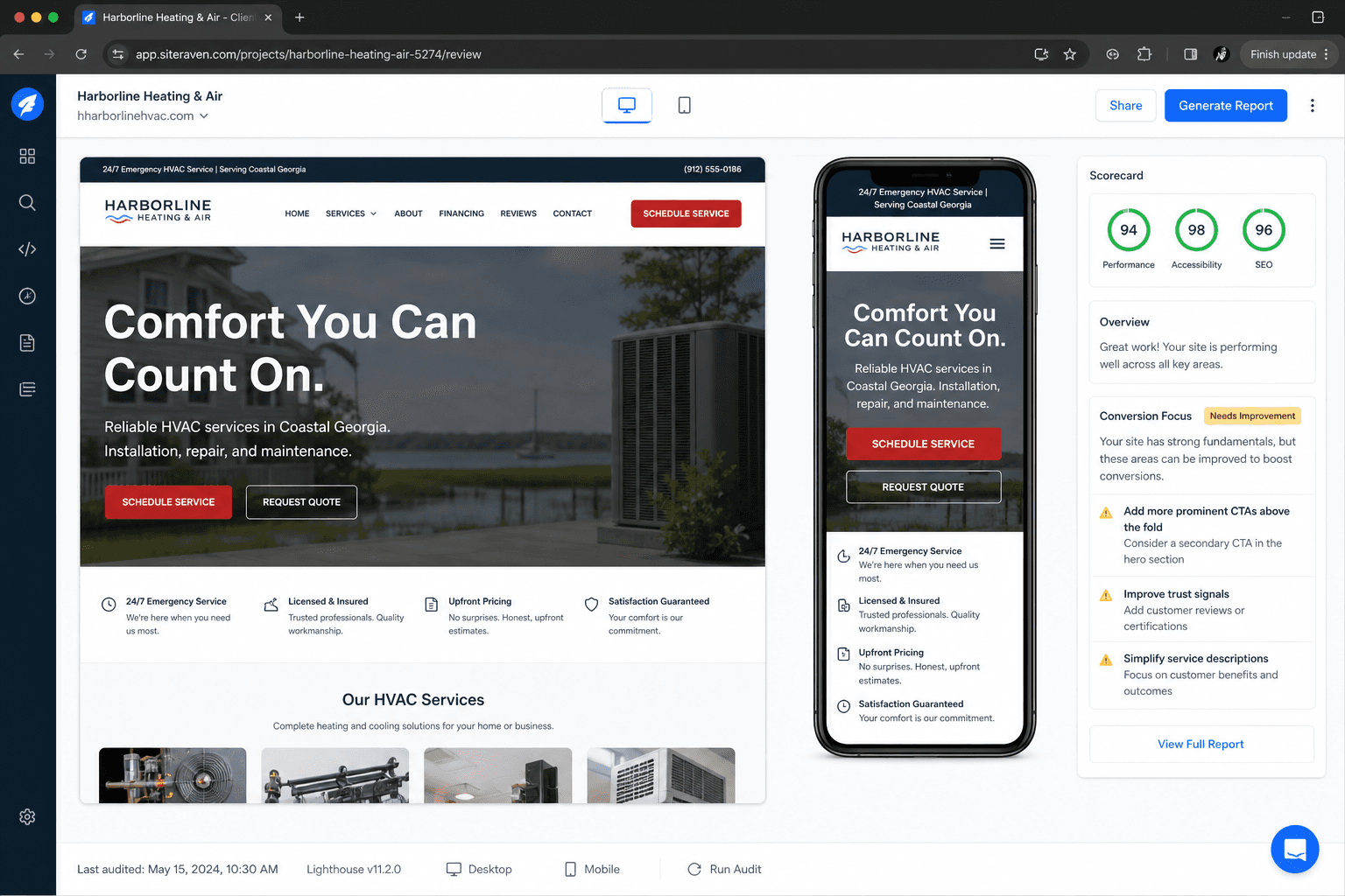 Harborline Heating & Air website review showing desktop and mobile layouts with performance scorecard