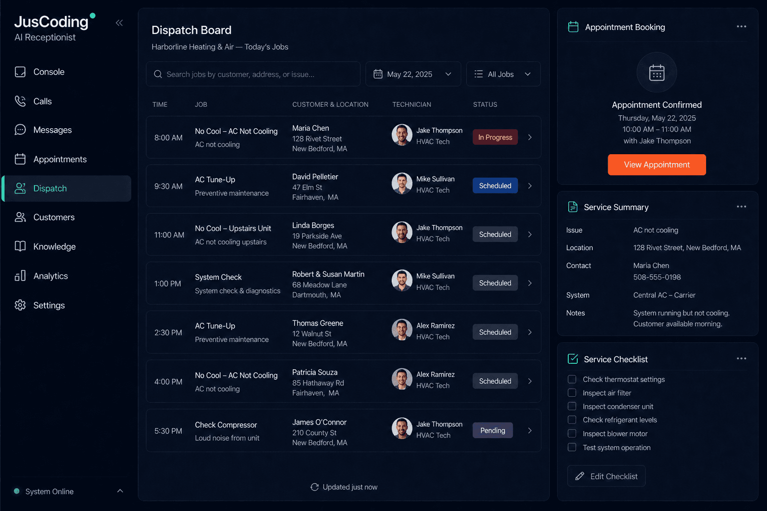 Harborline Heating & Air morning dispatch board after overnight AI receptionist handling
