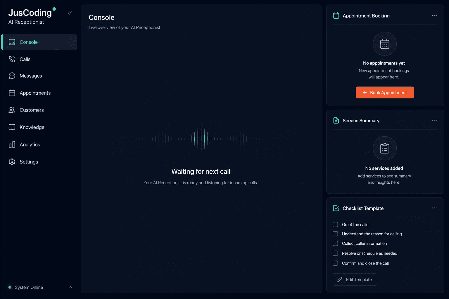 JusCoding AI Receptionist product console